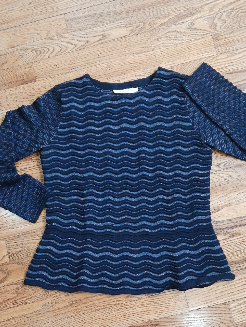 Tory Burch Navy and Heather Blue Wave-Stripe Crewneck Sweater